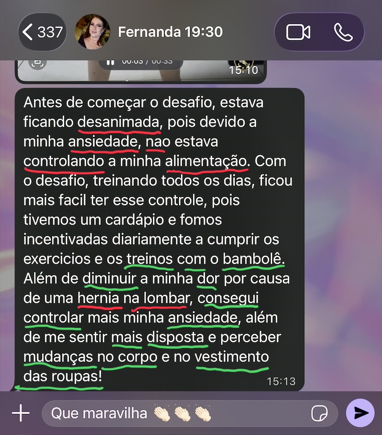 Depoimento de Fernanda sobre ansiedade, hérnia lombar e mudanças no corpo com o Bambo HIIT 30